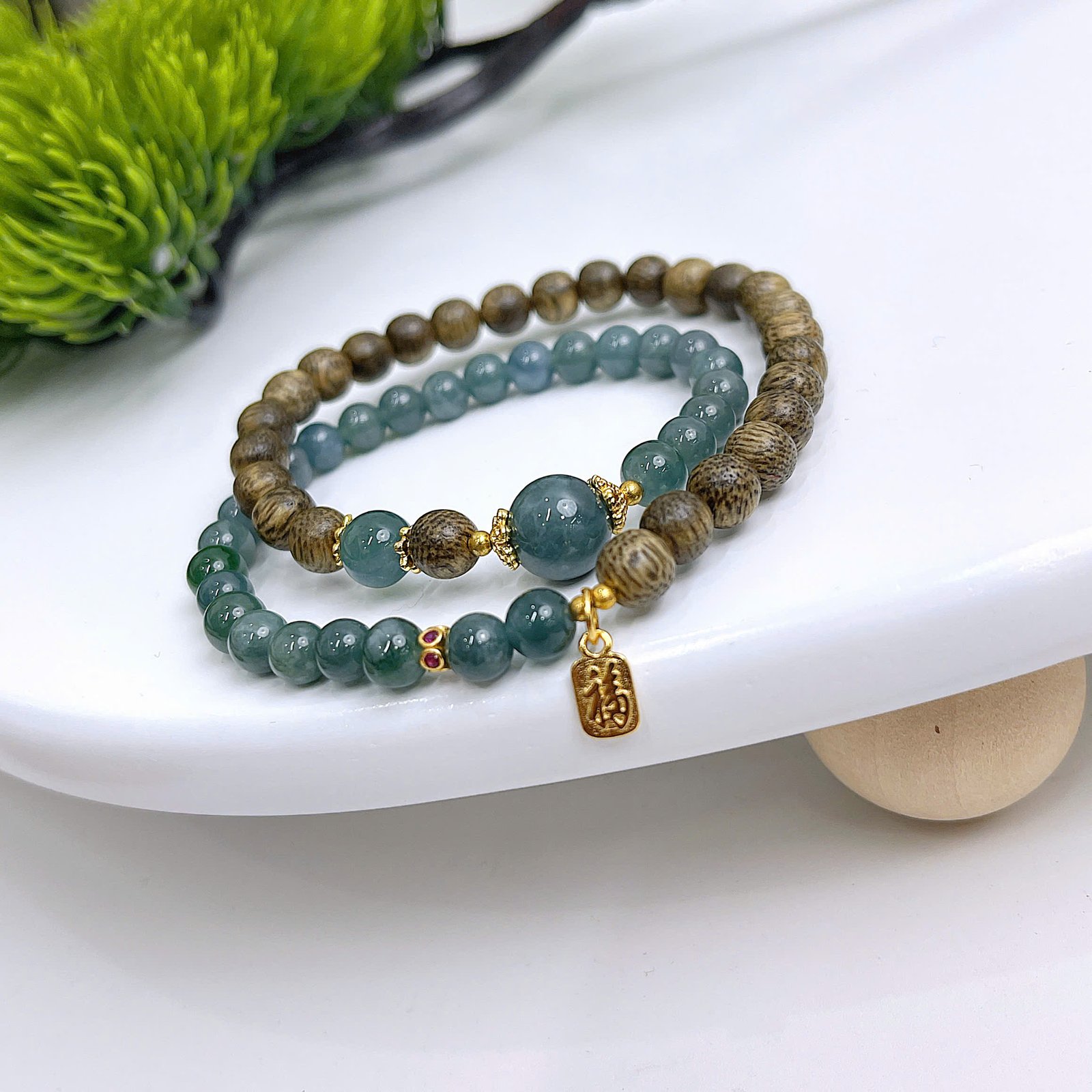 🌿 Vòng Trầm Tốc Mix Ngọc Lam Cao Cấp – Thanh Lịch, Thu Hút Tài Lộc
