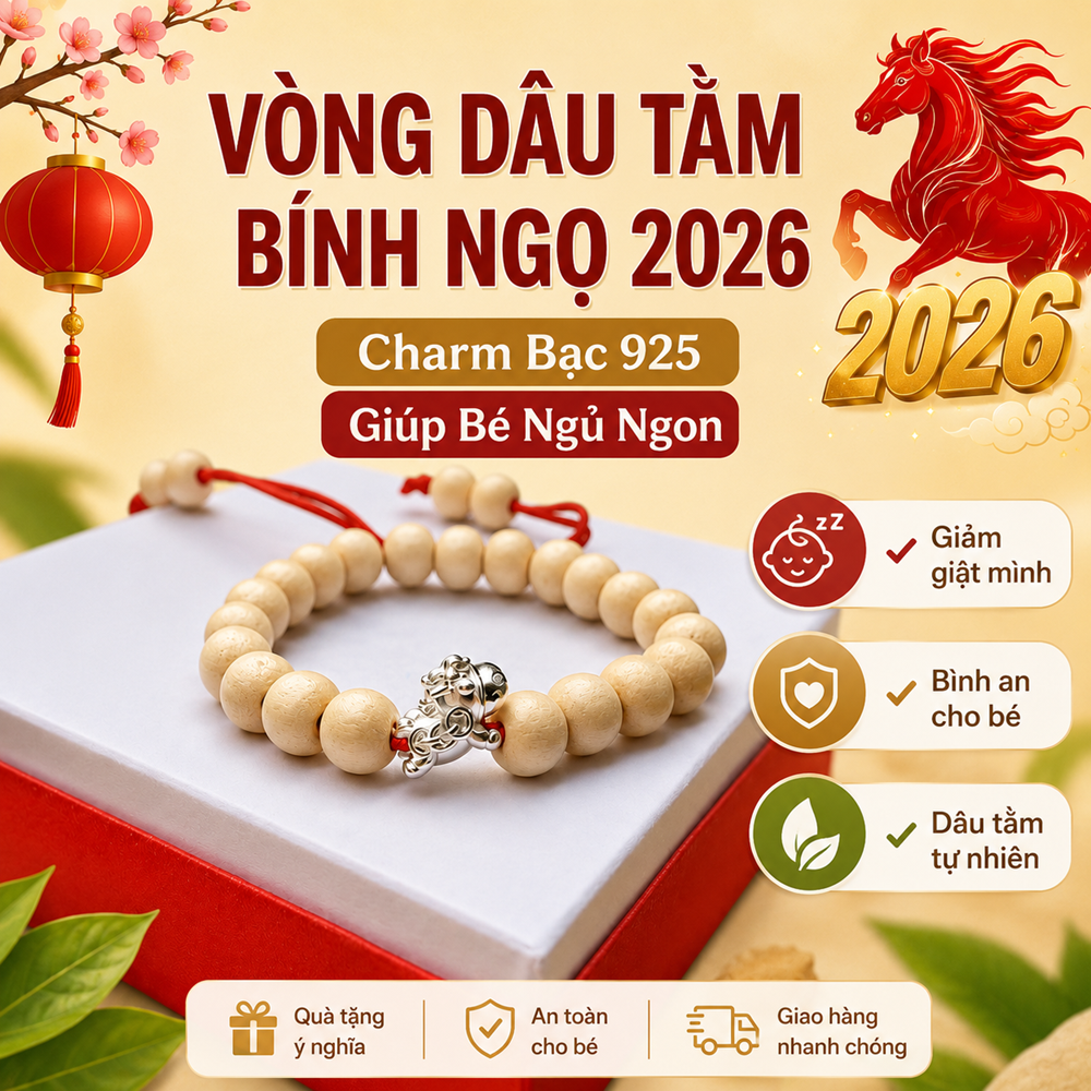 Vòng Dâu Tằm Bi Bạc Ngựa 2026 Cho Bé – Chống Quấy Khóc – Ngủ Ngon – Bình An May Mắn